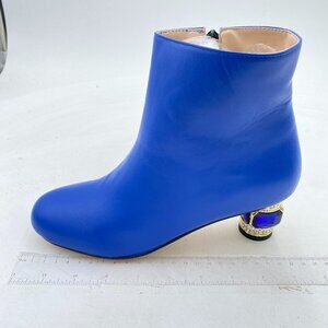 Blue Round Toe Crystal Chunky Low Heel Ankle Boots Fashion Side Zipper Shoes